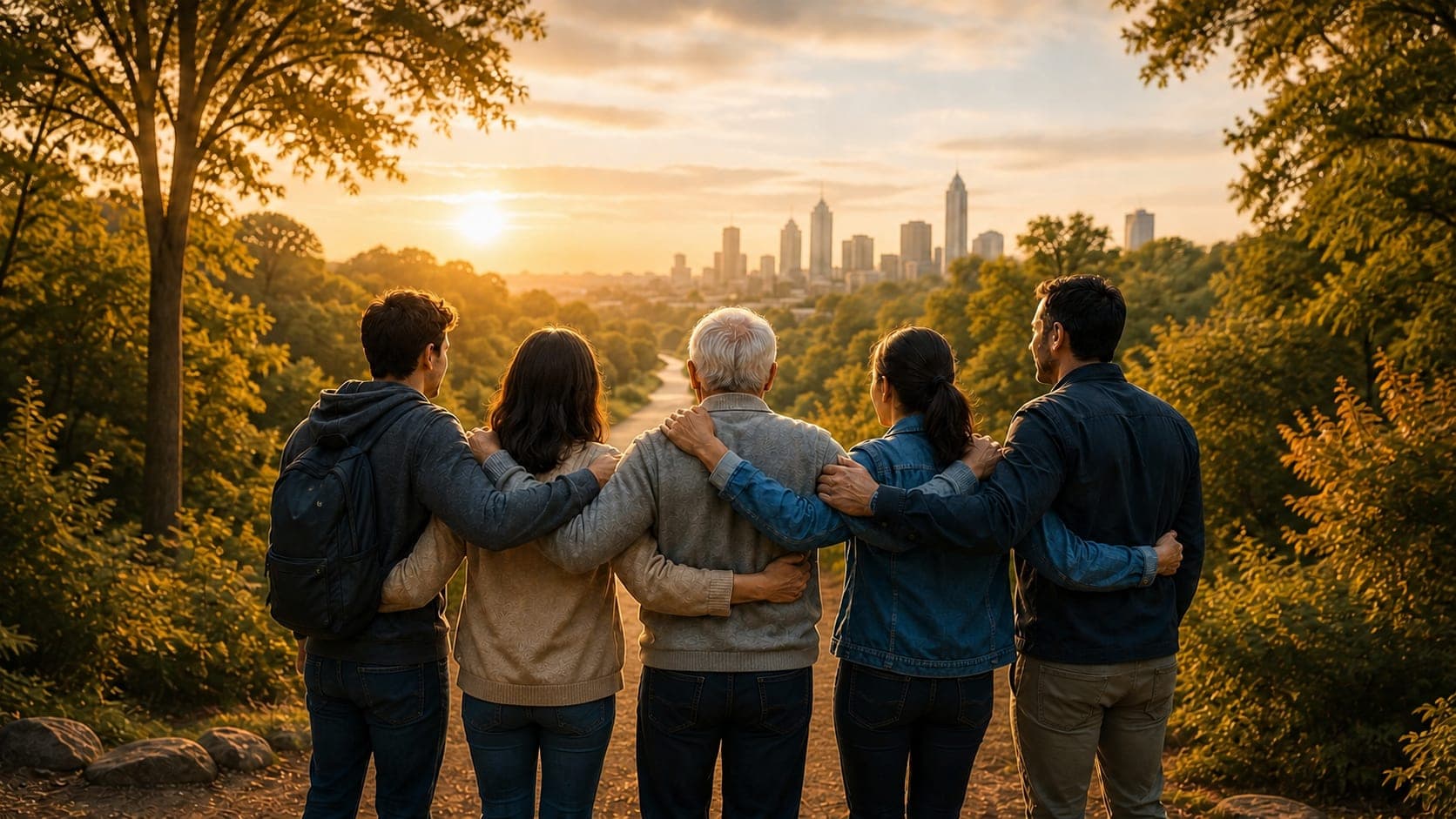 Five people standing arm in arm on a path, looking out over trees towards a sunrise above a city skyline